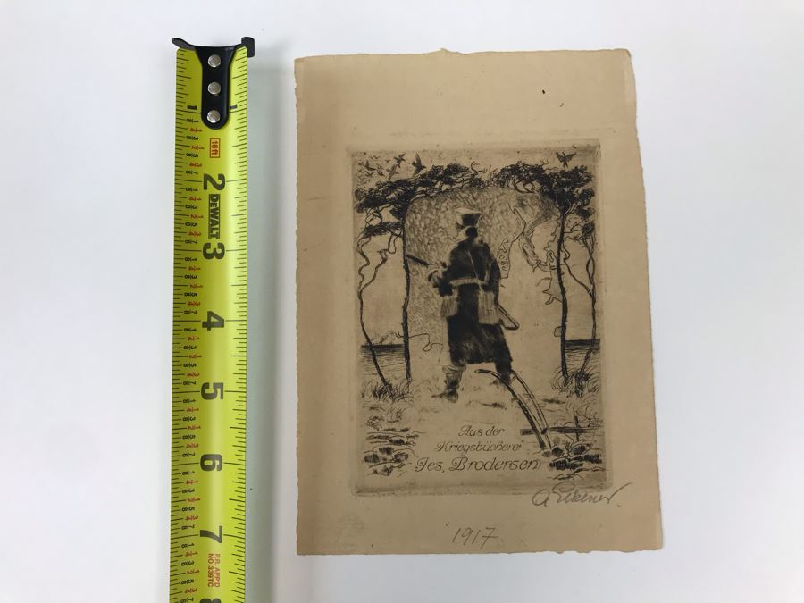 Original 1917 Pencil Hand Signed Alex Eckener Etching Bookplate Titled 'Aus der Kriegsbücherei' 'From The War Bookshop' For Jes. Brodersen 4' X 5' - See Description [Photo 22]
