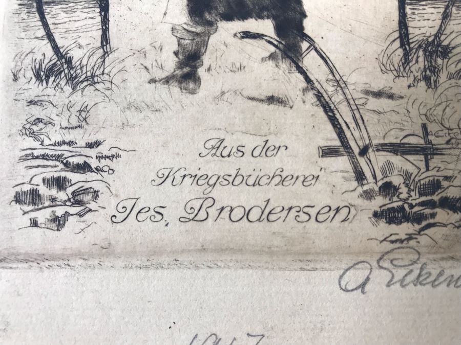 Original 1917 Pencil Hand Signed Alex Eckener Etching Bookplate Titled 'Aus der Kriegsbücherei' 'From The War Bookshop' For Jes. Brodersen 4' X 5' - See Description [Photo 8]