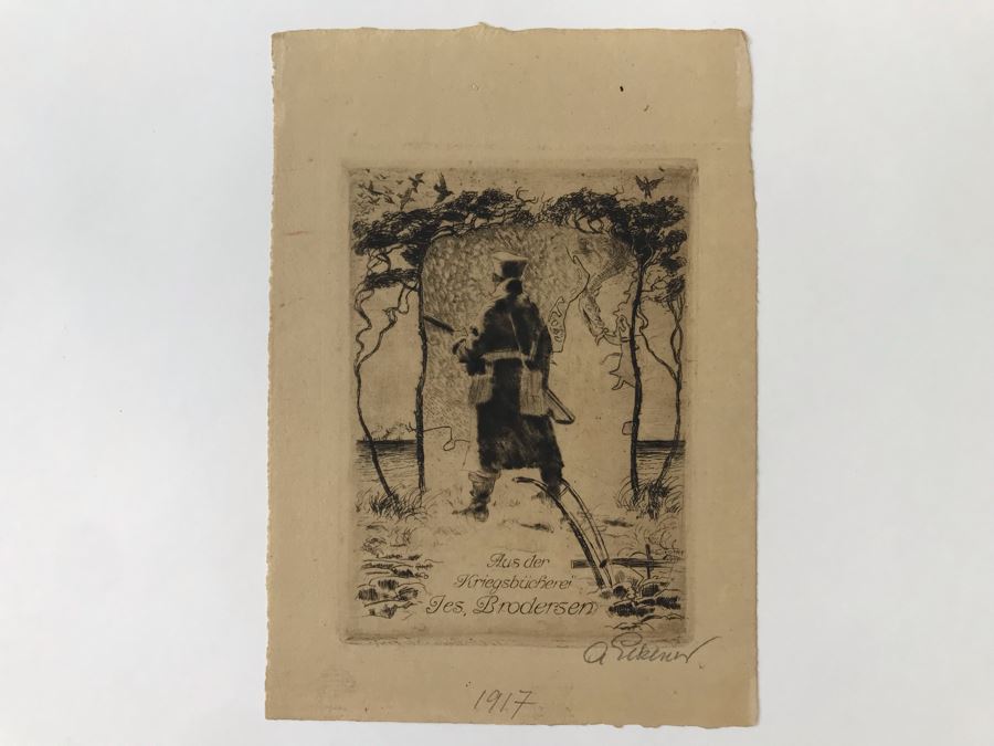 Original 1917 Pencil Hand Signed Alex Eckener Etching Bookplate Titled 'Aus der Kriegsbücherei' 'From The War Bookshop' For Jes. Brodersen 4' X 5' - See Description [Photo 3]