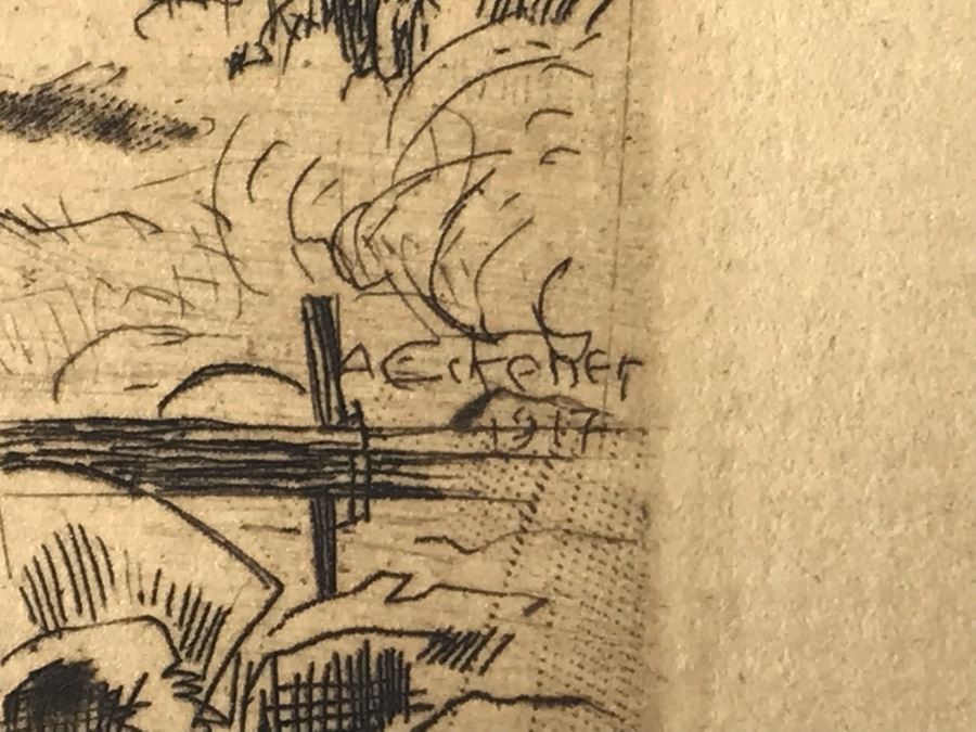 Original 1917 Pencil Hand Signed Alex Eckener Etching Bookplate Titled 'Aus der Kriegsbücherei' 'From The War Bookshop' For Jes. Brodersen 4' X 5' - See Description [Photo 12]