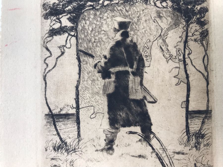 Original 1917 Pencil Hand Signed Alex Eckener Etching Bookplate Titled 'Aus der Kriegsbücherei' 'From The War Bookshop' For Jes. Brodersen 4' X 5' - See Description [Photo 6]