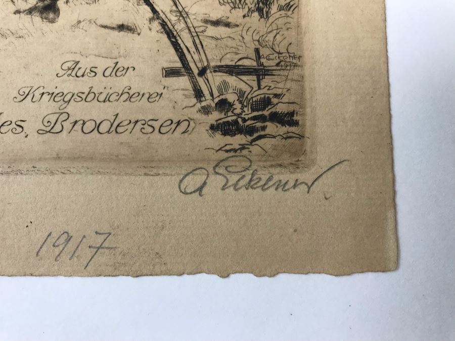 Original 1917 Pencil Hand Signed Alex Eckener Etching Bookplate Titled 'Aus der Kriegsbücherei' 'From The War Bookshop' For Jes. Brodersen 4' X 5' - See Description [Photo 10]