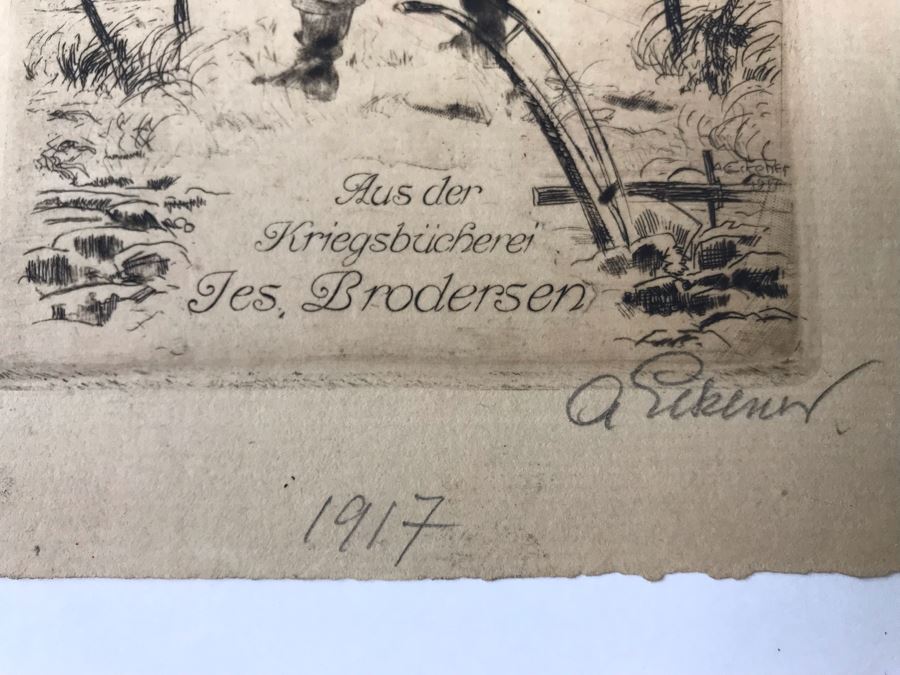 Original 1917 Pencil Hand Signed Alex Eckener Etching Bookplate Titled 'Aus der Kriegsbücherei' 'From The War Bookshop' For Jes. Brodersen 4' X 5' - See Description [Photo 9]