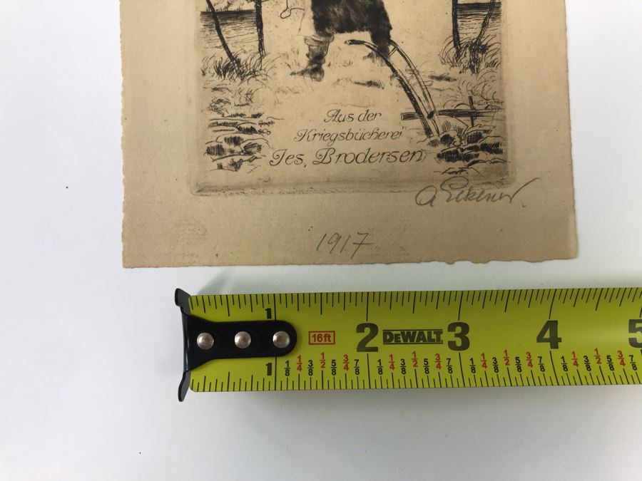Original 1917 Pencil Hand Signed Alex Eckener Etching Bookplate Titled 'Aus der Kriegsbücherei' 'From The War Bookshop' For Jes. Brodersen 4' X 5' - See Description [Photo 24]