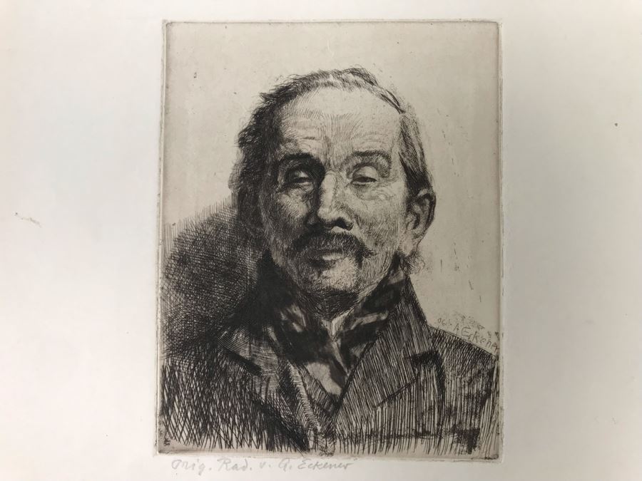 Antique 1906 Pencil Signed Original Etching Portait By Alex Eckener 5' X 4' - See Description [Photo 4]