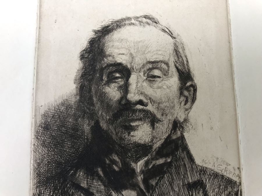 Antique 1906 Pencil Signed Original Etching Portait By Alex Eckener 5' X 4' - See Description [Photo 6]