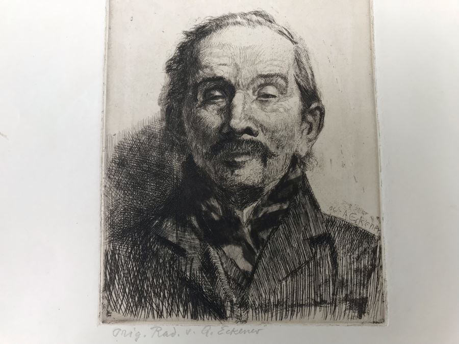 Antique 1906 Pencil Signed Original Etching Portait By Alex Eckener 5' X 4' - See Description [Photo 5]