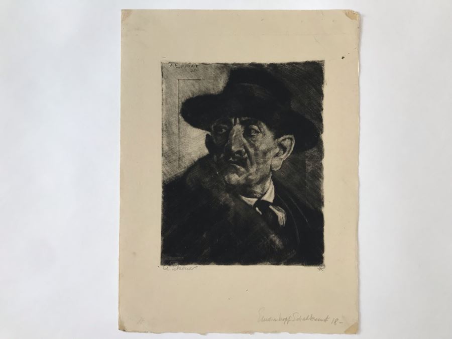 Original 1926 Pencil Hand Signed Alex Eckener Etching Titled Kopfstudie, Mann Mit Hut (Head Study, Man With Hat) 6.5' X 8' - See Description [Photo 2]