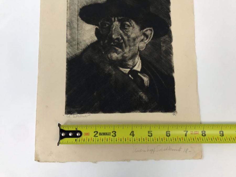 Original 1926 Pencil Hand Signed Alex Eckener Etching Titled Kopfstudie, Mann Mit Hut (Head Study, Man With Hat) 6.5' X 8' - See Description [Photo 31]