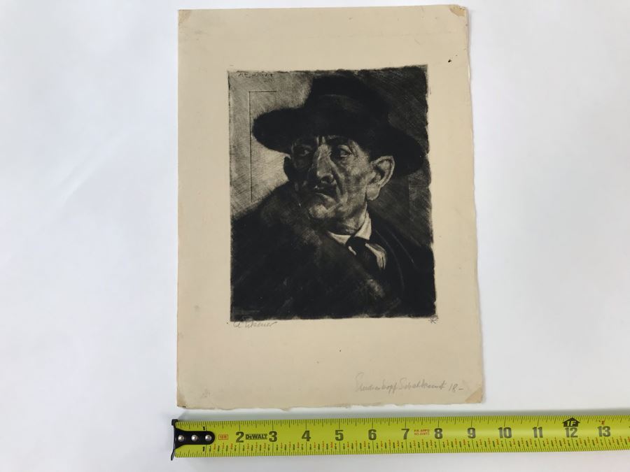 Original 1926 Pencil Hand Signed Alex Eckener Etching Titled Kopfstudie, Mann Mit Hut (Head Study, Man With Hat) 6.5' X 8' - See Description [Photo 29]