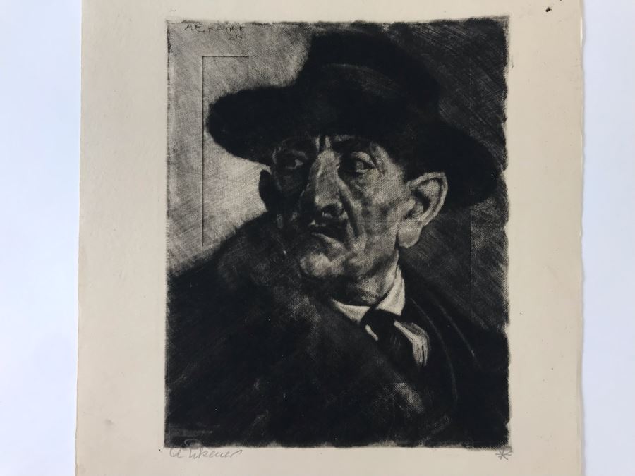 Original 1926 Pencil Hand Signed Alex Eckener Etching Titled Kopfstudie, Mann Mit Hut (Head Study, Man With Hat) 6.5' X 8' - See Description [Photo 4]