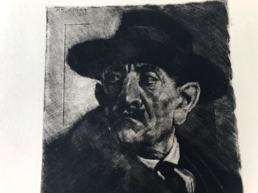 Original 1926 Pencil Hand Signed Alex Eckener Etching Titled Kopfstudie, Mann Mit Hut (Head Study, Man With Hat) 6.5' X 8' - See Description [Photo 5]