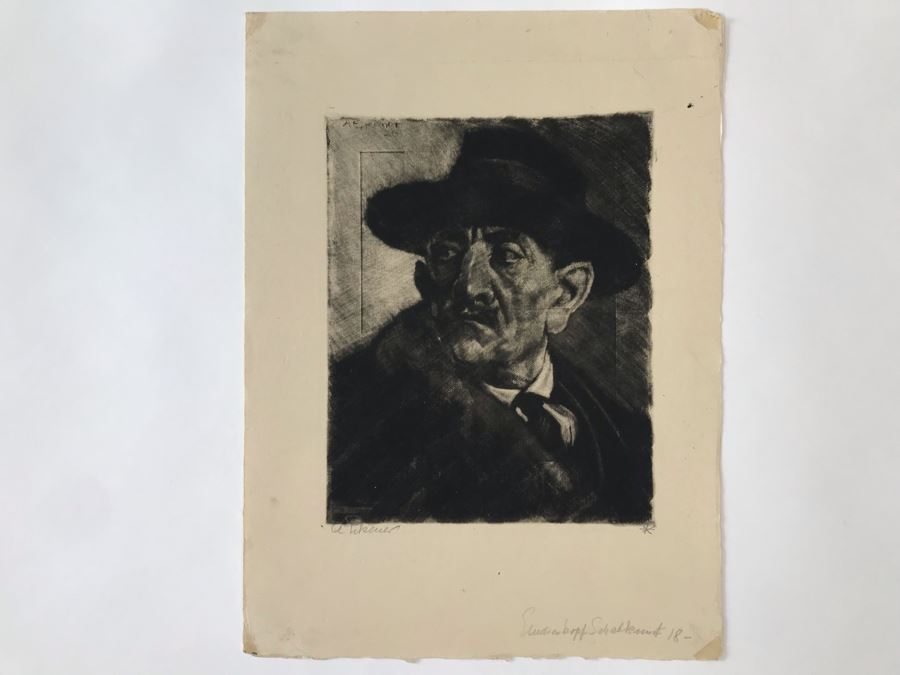 Original 1926 Pencil Hand Signed Alex Eckener Etching Titled Kopfstudie, Mann Mit Hut (Head Study, Man With Hat) 6.5' X 8' - See Description [Photo 3]