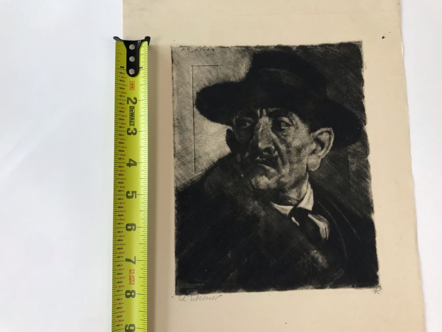 Original 1926 Pencil Hand Signed Alex Eckener Etching Titled Kopfstudie, Mann Mit Hut (Head Study, Man With Hat) 6.5' X 8' - See Description [Photo 30]
