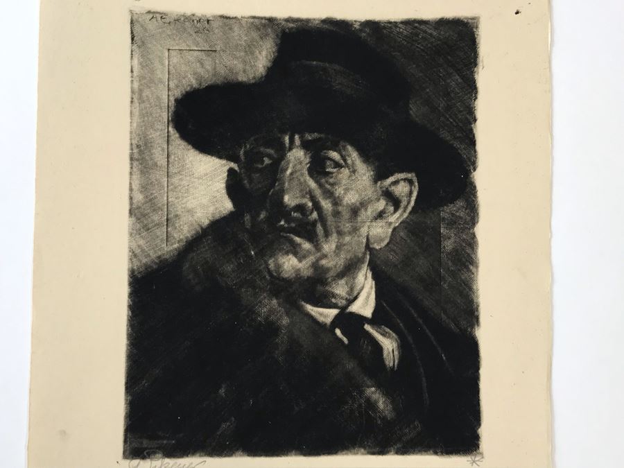Original 1926 Pencil Hand Signed Alex Eckener Etching Titled Kopfstudie, Mann Mit Hut (Head Study, Man With Hat) 6.5' X 8' - See Description [Photo 27]