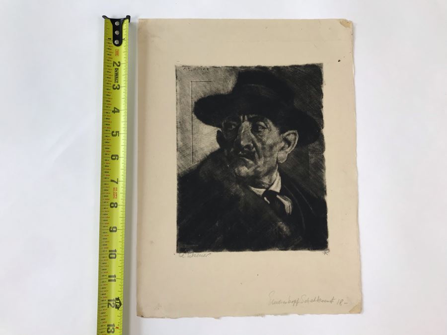 Original 1926 Pencil Hand Signed Alex Eckener Etching Titled Kopfstudie, Mann Mit Hut (Head Study, Man With Hat) 6.5' X 8' - See Description [Photo 28]