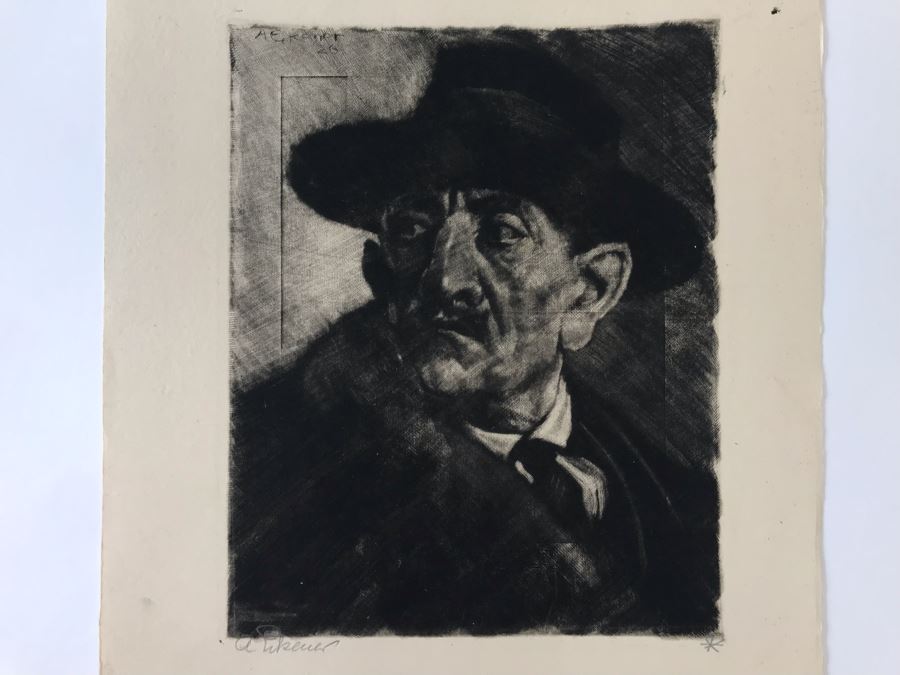 Original 1926 Pencil Hand Signed Alex Eckener Etching Titled Kopfstudie, Mann Mit Hut (Head Study, Man With Hat) 6.5' X 8' - See Description