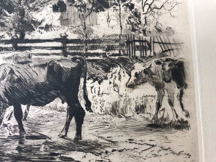 Original 1918 Hand Signed Alex Eckener Etching Pastoral Scene Cattle Drinking 10' X 6' - See Description [Photo 6]
