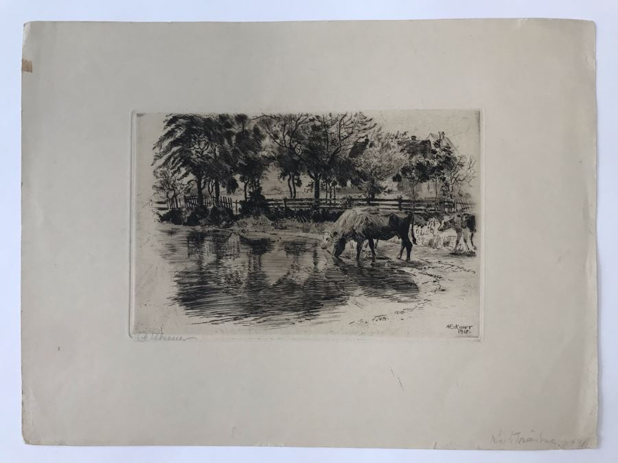 Original 1918 Hand Signed Alex Eckener Etching Pastoral Scene Cattle Drinking 10' X 6' - See Description [Photo 2]