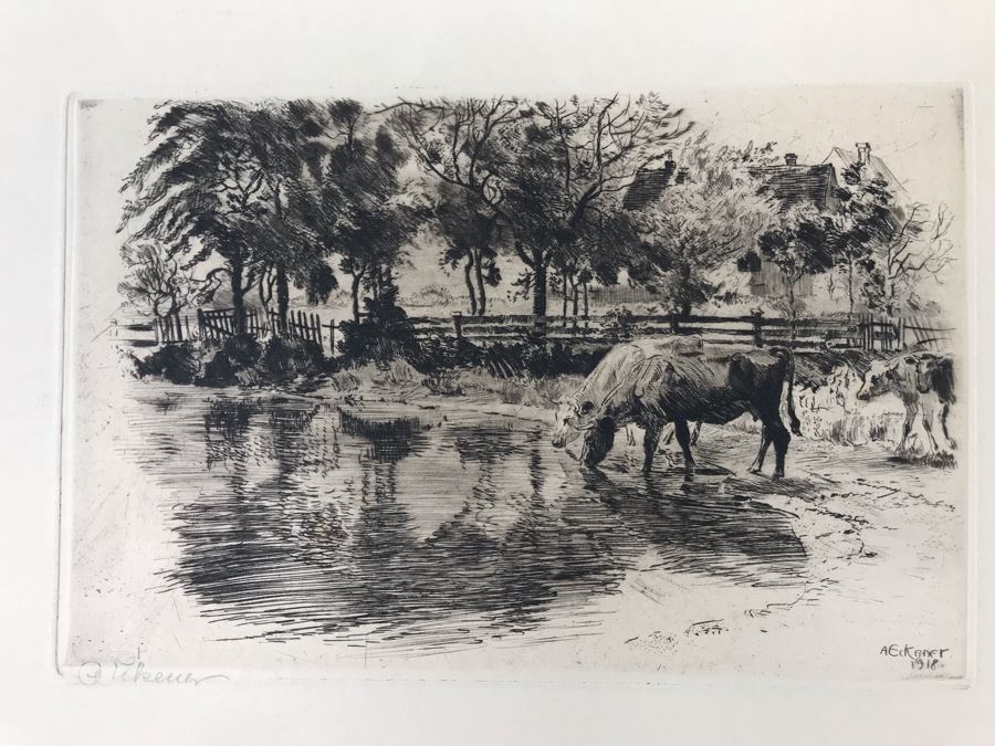 Original 1918 Hand Signed Alex Eckener Etching Pastoral Scene Cattle Drinking 10' X 6' - See Description [Photo 3]