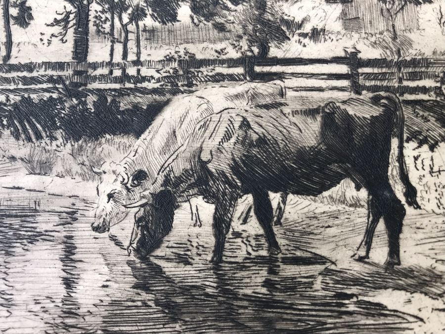 Original 1918 Hand Signed Alex Eckener Etching Pastoral Scene Cattle Drinking 10' X 6' - See Description [Photo 5]