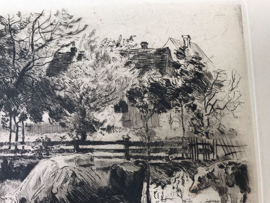 Original 1918 Hand Signed Alex Eckener Etching Pastoral Scene Cattle Drinking 10' X 6' - See Description [Photo 7]