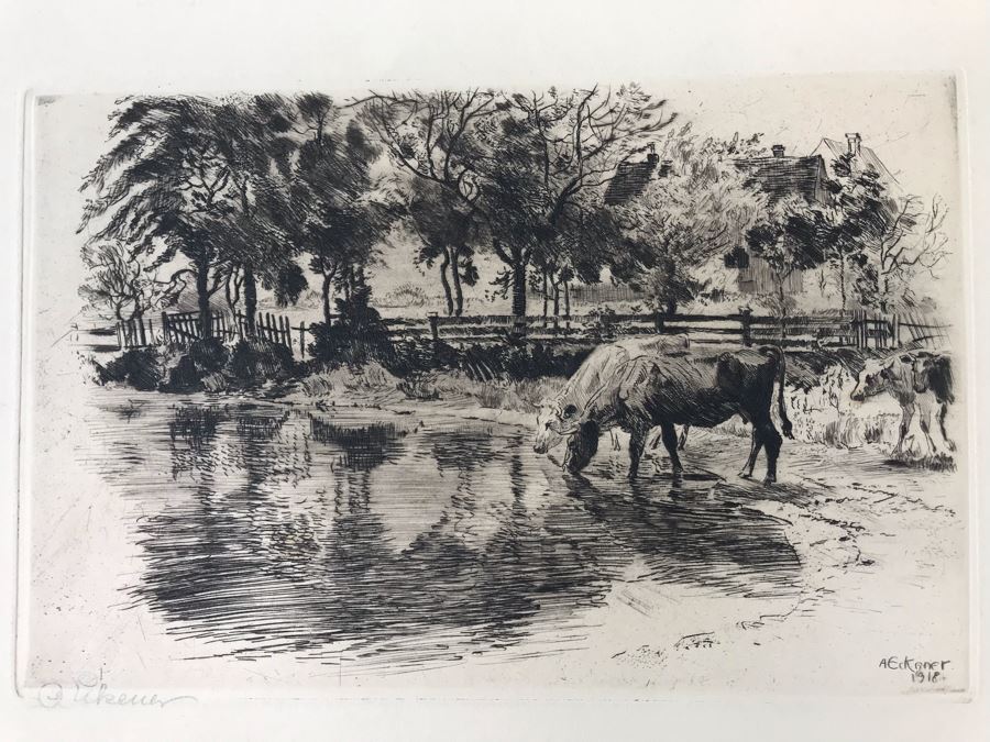 Original 1918 Hand Signed Alex Eckener Etching Pastoral Scene Cattle Drinking 10' X 6' - See Description