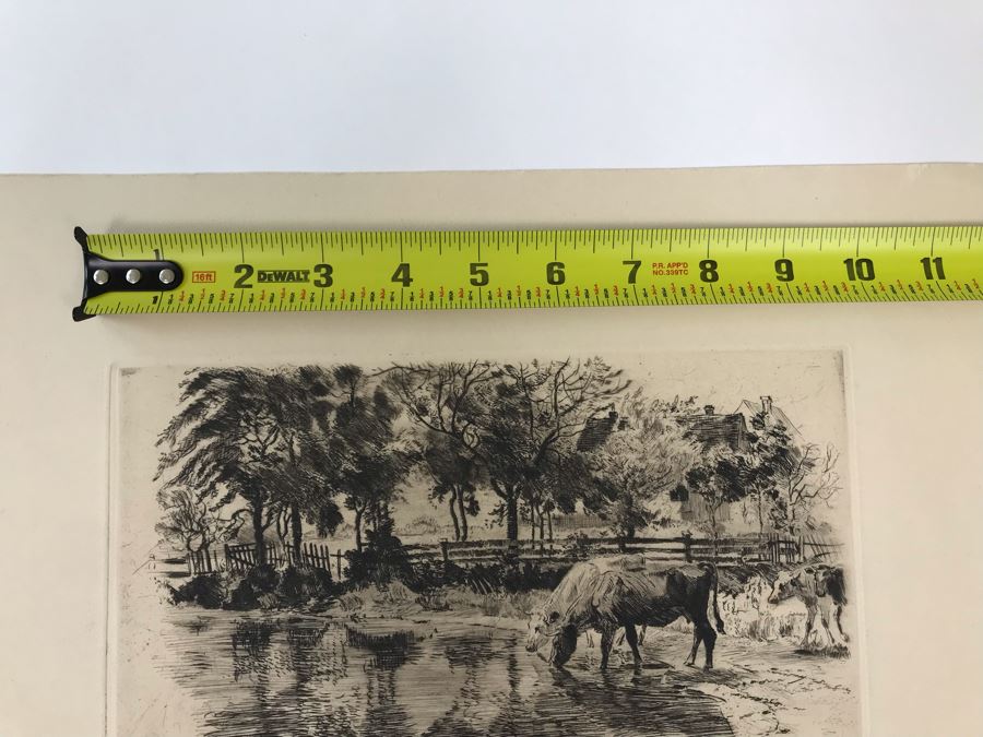 Original 1918 Hand Signed Alex Eckener Etching Pastoral Scene Cattle Drinking 10' X 6' - See Description [Photo 23]