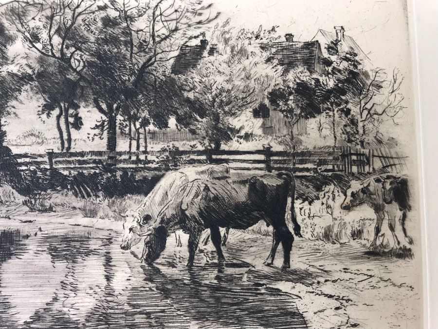 Original 1918 Hand Signed Alex Eckener Etching Pastoral Scene Cattle Drinking 10' X 6' - See Description [Photo 4]