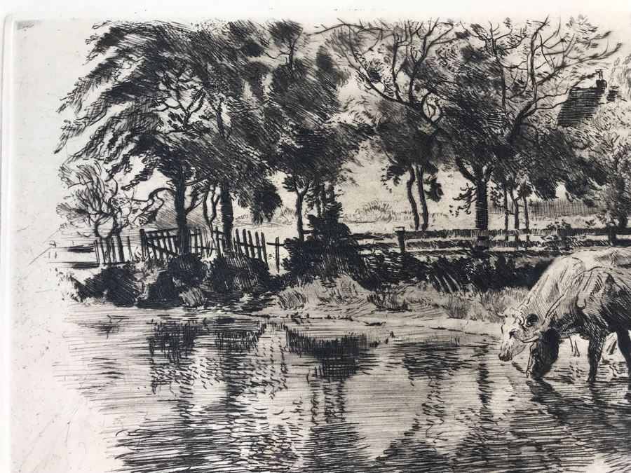 Original 1918 Hand Signed Alex Eckener Etching Pastoral Scene Cattle Drinking 10' X 6' - See Description [Photo 9]