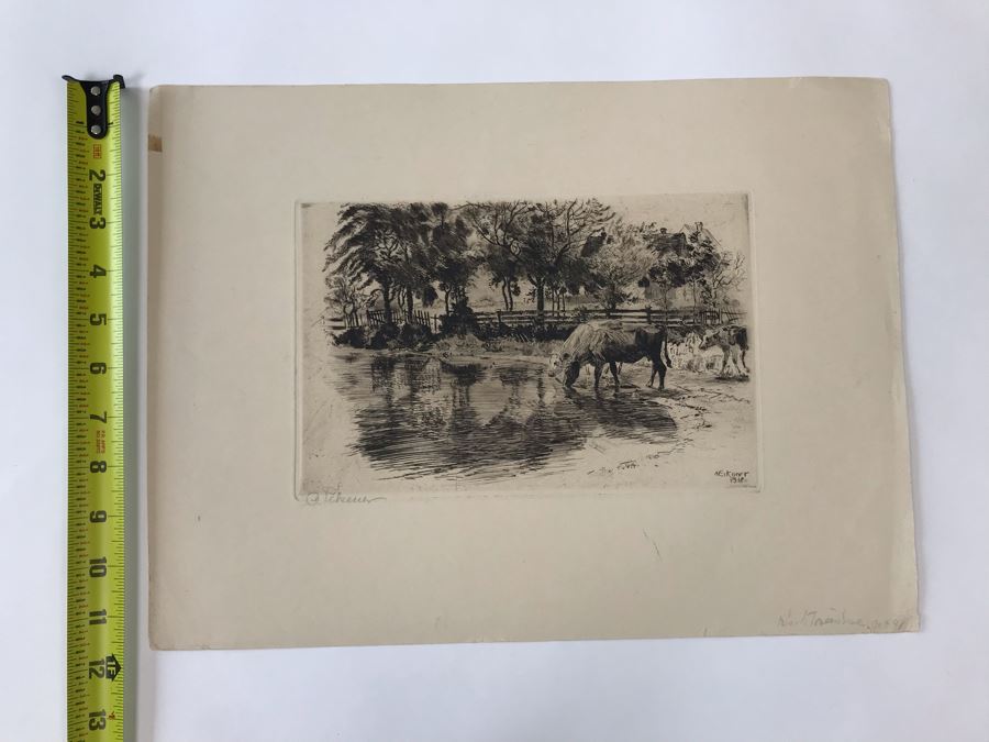 Original 1918 Hand Signed Alex Eckener Etching Pastoral Scene Cattle Drinking 10' X 6' - See Description [Photo 21]