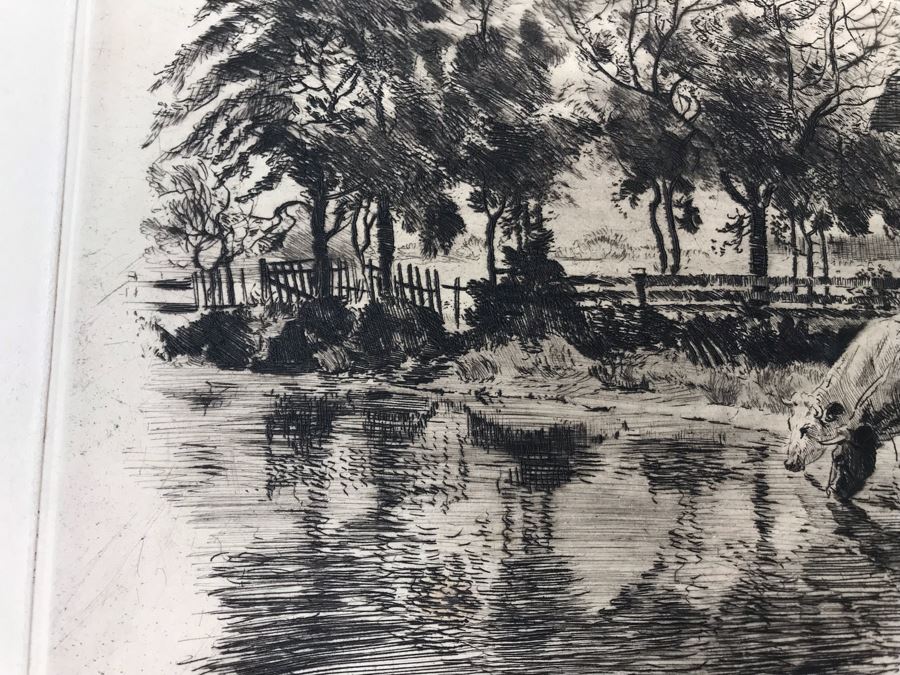 Original 1918 Hand Signed Alex Eckener Etching Pastoral Scene Cattle Drinking 10' X 6' - See Description [Photo 8]