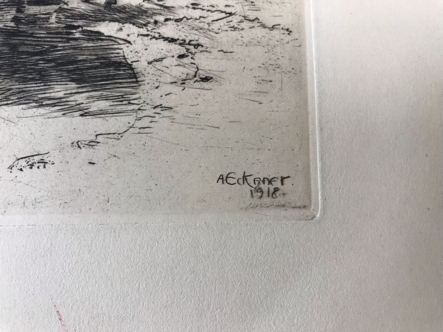 Original 1918 Hand Signed Alex Eckener Etching Pastoral Scene Cattle Drinking 10' X 6' - See Description [Photo 12]