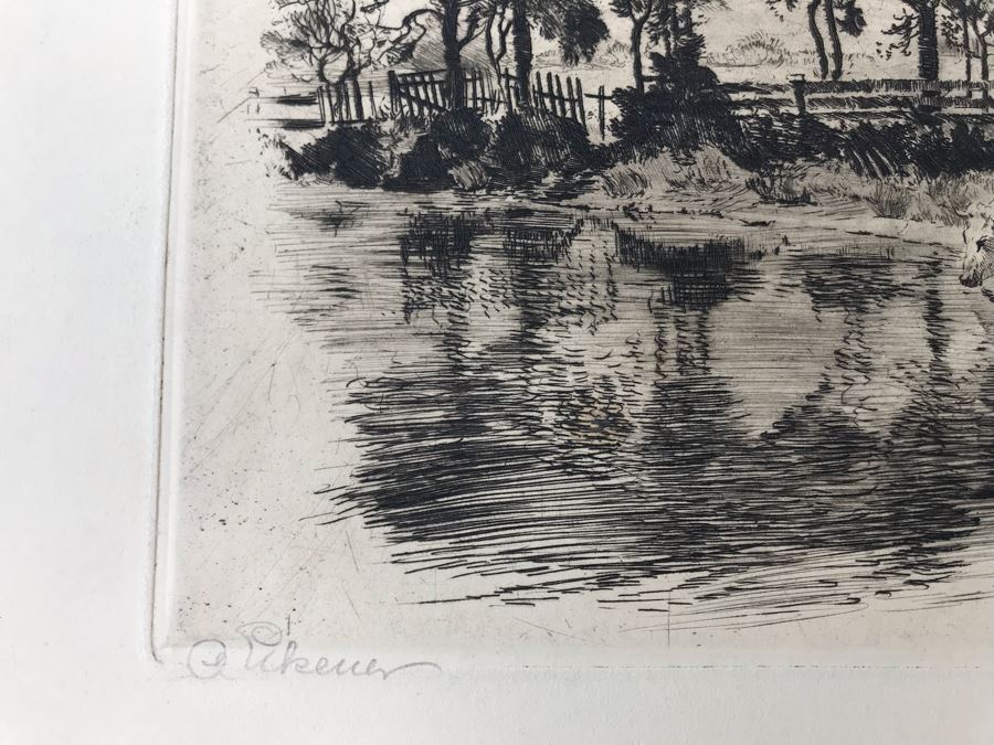 Original 1918 Hand Signed Alex Eckener Etching Pastoral Scene Cattle Drinking 10' X 6' - See Description [Photo 10]