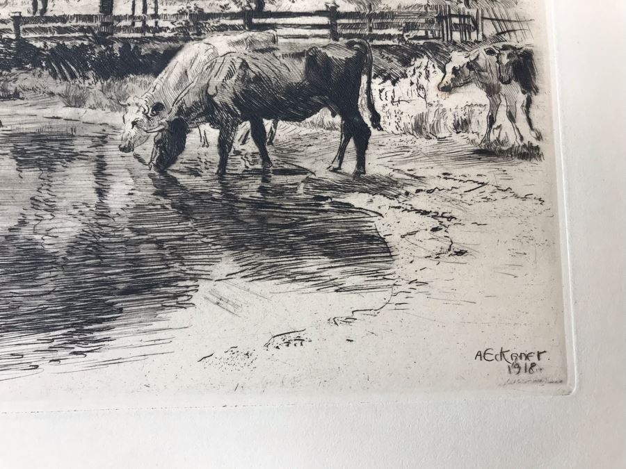 Original 1918 Hand Signed Alex Eckener Etching Pastoral Scene Cattle Drinking 10' X 6' - See Description [Photo 11]