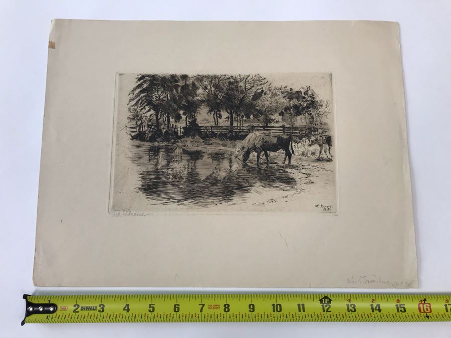 Original 1918 Hand Signed Alex Eckener Etching Pastoral Scene Cattle Drinking 10' X 6' - See Description [Photo 20]