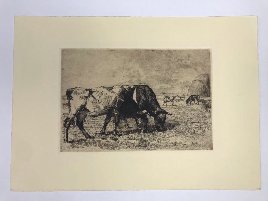 Original Alex Eckener Etching Titled 'Weidende Kühe' 'Grazing Cows' 9' X 6' - See Description [Photo 3]