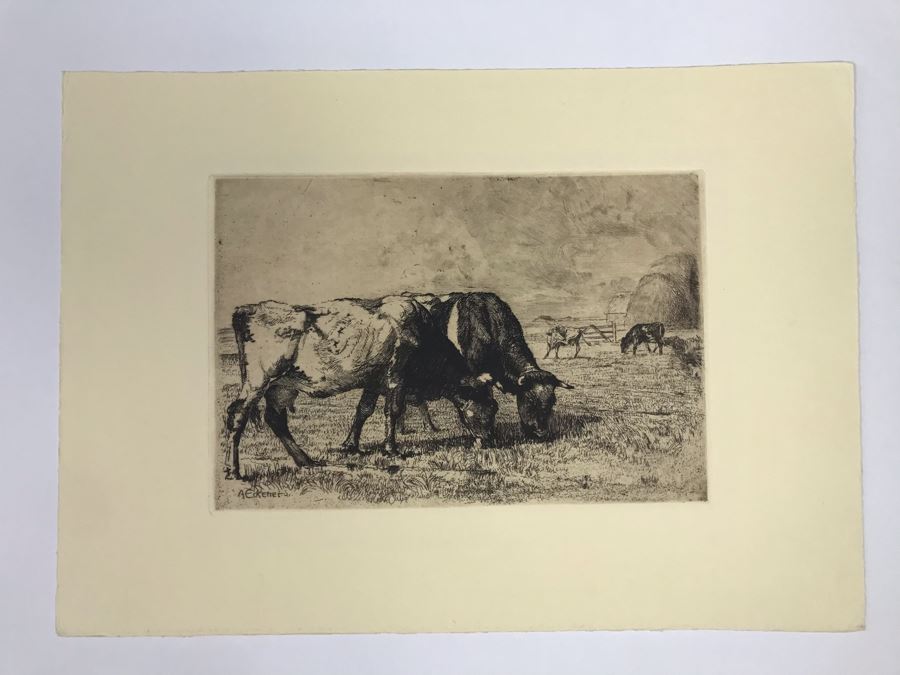 Original Alex Eckener Etching Titled 'Weidende Kühe' 'Grazing Cows' 9' X 6' - See Description [Photo 2]