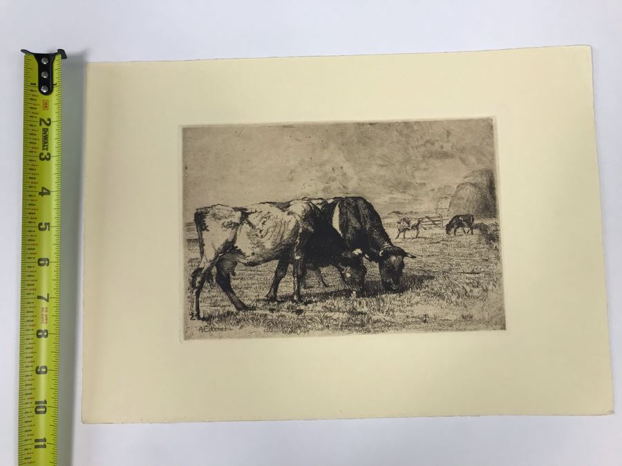 Original Alex Eckener Etching Titled 'Weidende Kühe' 'Grazing Cows' 9' X 6' - See Description [Photo 15]