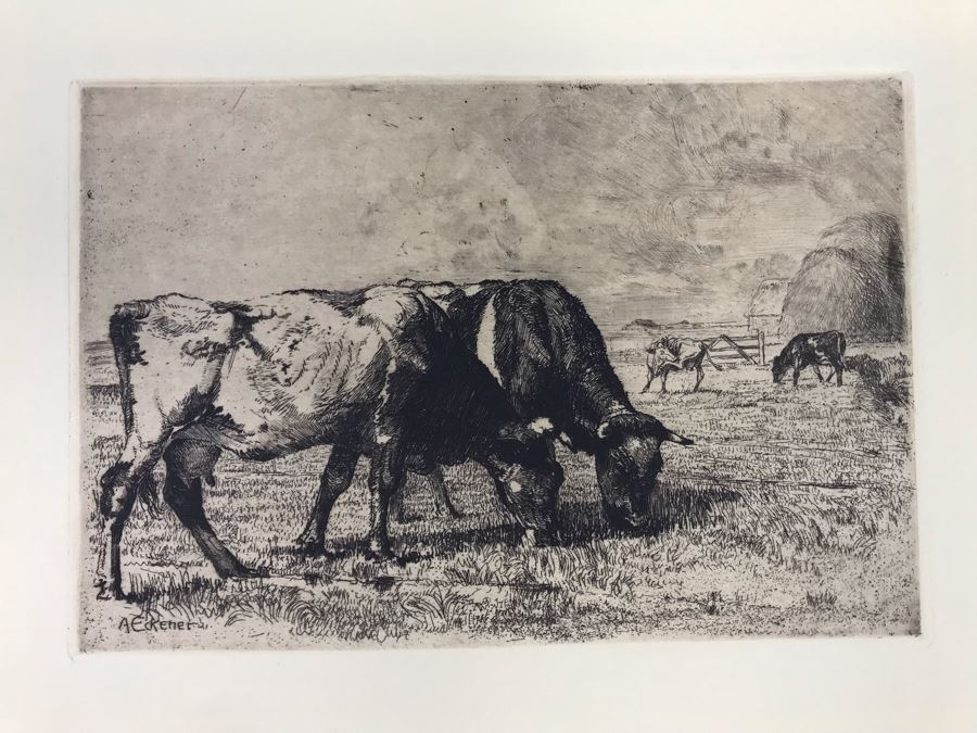 Original Alex Eckener Etching Titled 'Weidende Kühe' 'Grazing Cows' 9' X 6' - See Description [Photo 4]