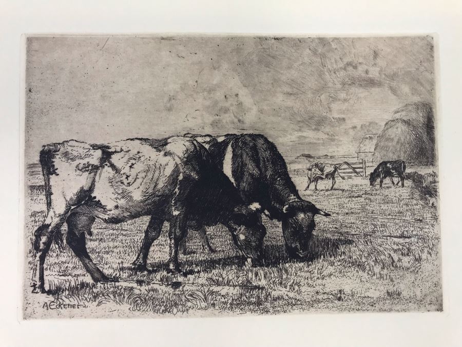 Original Alex Eckener Etching Titled 'Weidende Kühe' 'Grazing Cows' 9' X 6' - See Description [Photo 1]