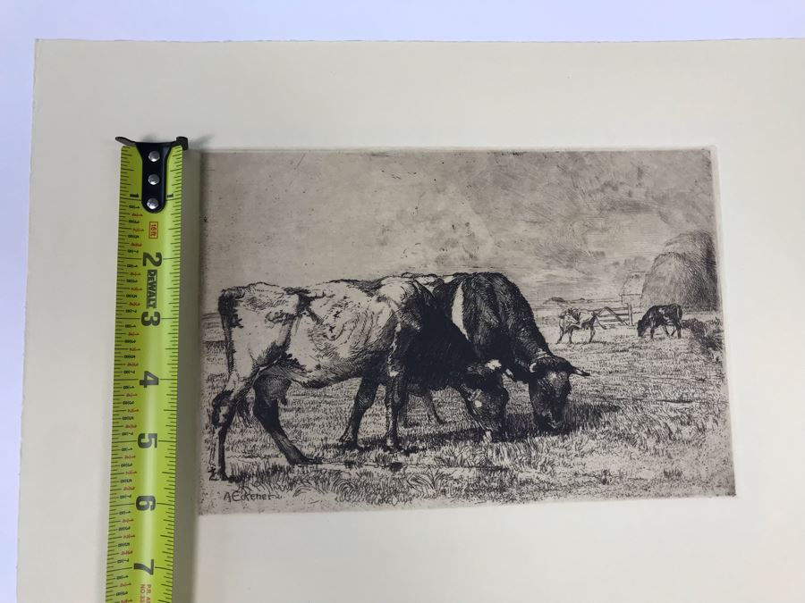 Original Alex Eckener Etching Titled 'Weidende Kühe' 'Grazing Cows' 9' X 6' - See Description [Photo 17]
