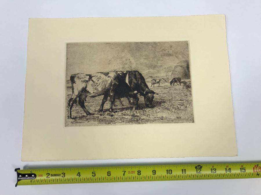 Original Alex Eckener Etching Titled 'Weidende Kühe' 'Grazing Cows' 9' X 6' - See Description [Photo 16]