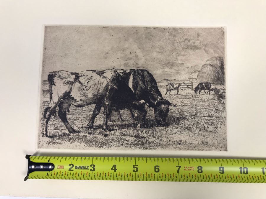 Original Alex Eckener Etching Titled 'Weidende Kühe' 'Grazing Cows' 9' X 6' - See Description [Photo 18]