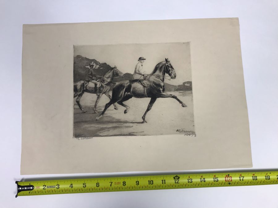 Original 1931 Pencil Hand Signed Alex Eckener Etching Titled 'Ausritt' 'Ride' Riding Horses 10' X 7.5' - See Description [Photo 18]