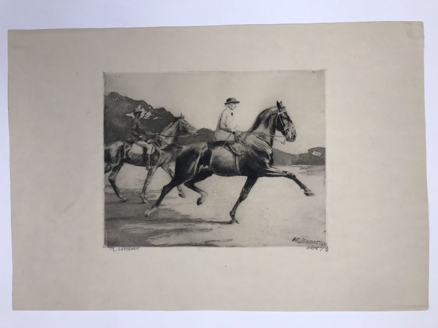 Original 1931 Pencil Hand Signed Alex Eckener Etching Titled 'Ausritt' 'Ride' Riding Horses 10' X 7.5' - See Description [Photo 2]