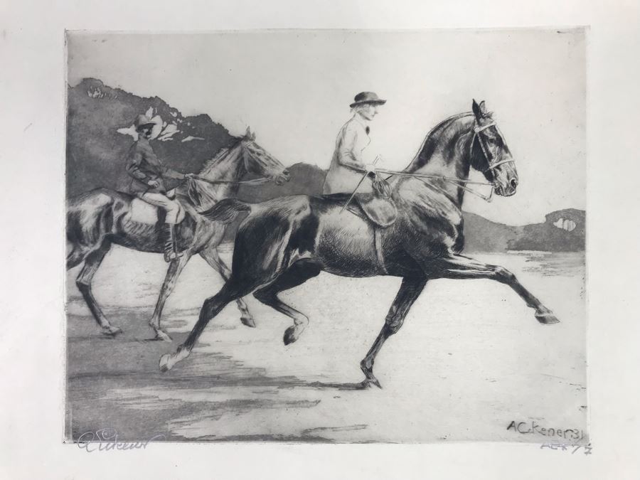 Original 1931 Pencil Hand Signed Alex Eckener Etching Titled 'Ausritt' 'Ride' Riding Horses 10' X 7.5' - See Description [Photo 3]