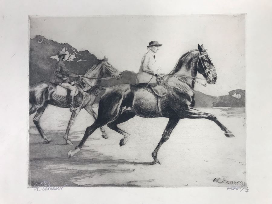 Original 1931 Pencil Hand Signed Alex Eckener Etching Titled 'Ausritt' 'Ride' Riding Horses 10' X 7.5' - See Description