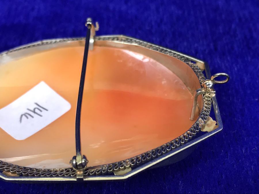 Antique 14K Gold Carved Shell Cameo Brooch Pin 21.4g 2.5” X 2” [Photo 11]