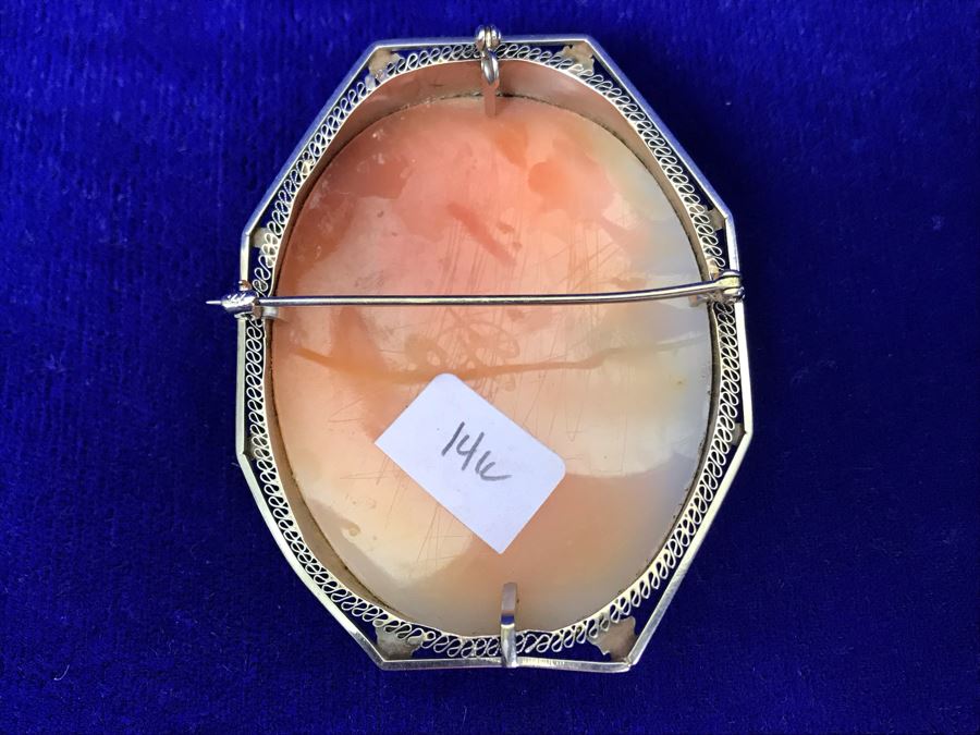 Antique 14K Gold Carved Shell Cameo Brooch Pin 21.4g 2.5” X 2” [Photo 7]